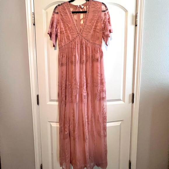 strapless open back dress Dave & Johnny 10574 Blush Pink Lace & Tulle Dress – Formalwear Outlet main image 0